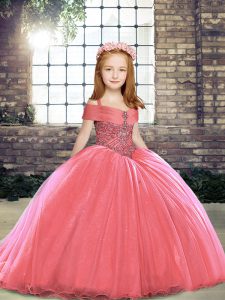 Watermelon Red Little Girls Pageant Dress Straps Sleeveless Brush Train Lace Up