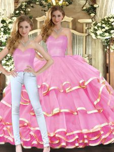 Ideal Rose Pink Ball Gown Prom Dress Military Ball and Sweet 16 and Quinceanera with Ruffled Layers Sweetheart Sleeveless Lace Up
