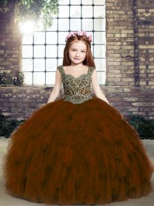 Brown Ball Gowns Straps Sleeveless Tulle Floor Length Lace Up Beading and Ruffles Winning Pageant Gowns