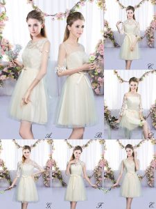 Comfortable Sleeveless Mini Length Lace and Bowknot Lace Up Dama Dress for Quinceanera with Champagne