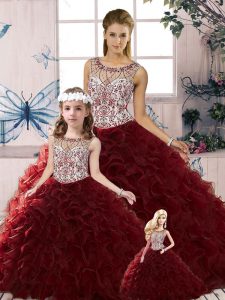 Pretty Floor Length Ball Gowns Sleeveless Burgundy Quinceanera Dress Lace Up