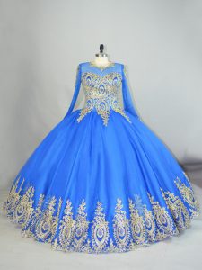 Delicate Floor Length Blue Sweet 16 Quinceanera Dress Tulle Long Sleeves Beading and Appliques