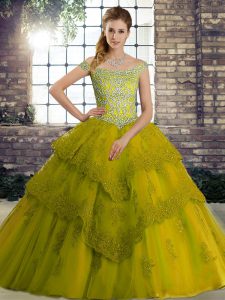 Admirable Olive Green Ball Gowns Tulle Off The Shoulder Sleeveless Beading and Lace Lace Up Vestidos de Quinceanera Brush Train