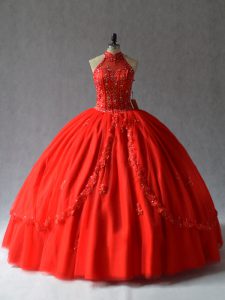 Sexy Red Sleeveless Floor Length Appliques Lace Up 15 Quinceanera Dress