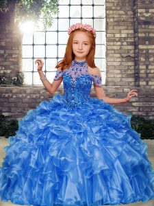 Sleeveless Floor Length Beading and Ruffles Lace Up Winning Pageant Gowns with Blue