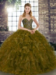 Brown Ball Gowns Sweetheart Sleeveless Organza Floor Length Lace Up Beading and Ruffles Quince Ball Gowns
