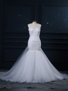 White Side Zipper Straps Lace Wedding Dresses Tulle Sleeveless Brush Train