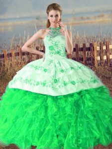Organza Halter Top Sleeveless Court Train Lace Up Embroidery and Ruffles Quinceanera Gowns in Green