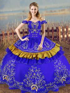 Cute Blue Satin Lace Up Sweet 16 Dress Sleeveless Floor Length Embroidery