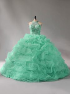Apple Green Ball Gowns Halter Top Sleeveless Organza Court Train Lace Up Beading and Pick Ups Vestidos de Quinceanera