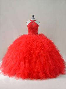 Best Selling Red Lace Up Halter Top Beading and Ruffles Quinceanera Gowns Tulle Sleeveless