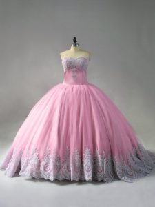 Court Train Ball Gowns Quinceanera Dress Pink Sweetheart Tulle Sleeveless Lace Up