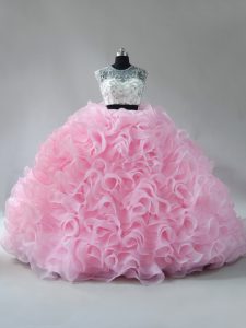 Decent Baby Pink Sleeveless Fabric With Rolling Flowers Brush Train Zipper Quinceanera Gowns for Sweet 16 and Quinceanera