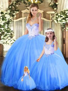 Decent Blue Lace Up Sweetheart Beading Quince Ball Gowns Tulle Sleeveless