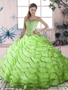 Sweetheart Sleeveless Organza Quince Ball Gowns Ruffled Layers Brush Train Lace Up