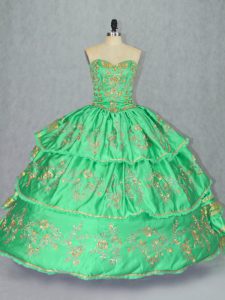 Cute Green Ball Gowns Sweetheart Sleeveless Satin and Organza Floor Length Lace Up Embroidery and Ruffled Layers Ball Gown Prom Dress