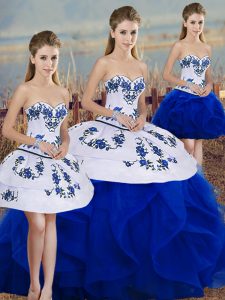 Romantic Sweetheart Sleeveless Tulle Sweet 16 Dresses Embroidery and Ruffles and Bowknot Lace Up