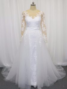 Stylish White A-line Scoop Long Sleeves Tulle Court Train Clasp Handle Lace and Belt Bridal Gown