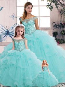 Edgy Tulle Off The Shoulder Sleeveless Lace Up Beading and Ruffles Sweet 16 Quinceanera Dress in Aqua Blue