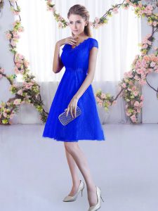 Romantic Royal Blue Lace Up V-neck Lace Court Dresses for Sweet 16 Lace Cap Sleeves