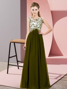 Olive Green Empire Chiffon Scoop Sleeveless Beading and Appliques Floor Length Zipper Bridesmaids Dress