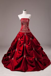 Strapless Sleeveless Wedding Gowns Brush Train Beading and Embroidery Wine Red Taffeta
