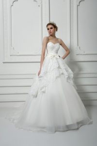 Spectacular White Lace Up Sweetheart Beading and Lace and Bowknot Wedding Gown Organza Sleeveless Brush Train