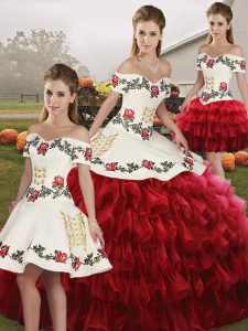 Wine Red Lace Up Off The Shoulder Embroidery and Ruffled Layers Sweet 16 Quinceanera Dress Organza Sleeveless