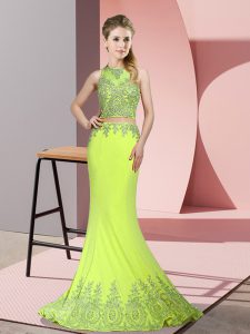 Sleeveless Sweep Train Beading and Appliques Zipper Prom Gown