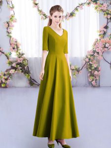 Designer Olive Green Satin Zipper V-neck Half Sleeves Ankle Length Dama Dress Ruching