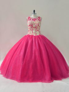 Hot Pink Ball Gowns Tulle Scoop Sleeveless Appliques Floor Length Lace Up Sweet 16 Quinceanera Dress