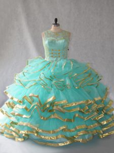 Aqua Blue Scoop Neckline Beading and Embroidery and Ruffles and Ruffled Layers Vestidos de Quinceanera Sleeveless Lace Up