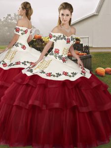 Wine Red Ball Gowns Off The Shoulder Sleeveless Tulle Brush Train Lace Up Embroidery and Ruffled Layers 15th Birthday Dress