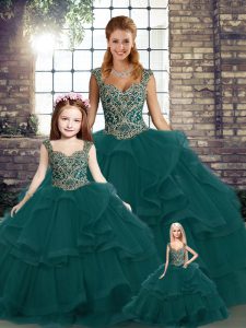 Amazing Peacock Green Ball Gowns Tulle Straps Sleeveless Beading and Ruffles Floor Length Lace Up Quinceanera Gown
