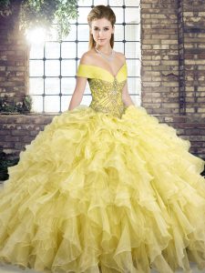 Great Brush Train Ball Gowns Sweet 16 Dress Yellow Off The Shoulder Organza Sleeveless Lace Up