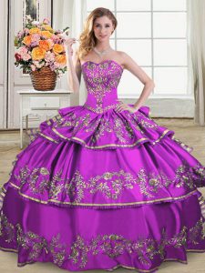 Purple Organza Lace Up Quince Ball Gowns Sleeveless Floor Length Embroidery and Ruffled Layers
