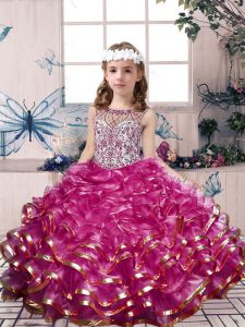 Fuchsia Ball Gowns Beading and Ruffles Little Girl Pageant Gowns Lace Up Organza Sleeveless Floor Length