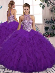 Elegant Floor Length Lace Up Quinceanera Dress Purple for Military Ball and Sweet 16 and Quinceanera with Beading and Ruffles