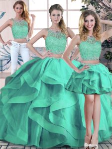 Scoop Sleeveless Quinceanera Dresses Floor Length Beading and Ruffles Turquoise Tulle