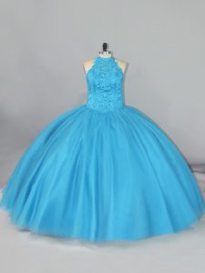 Tulle Halter Top Sleeveless Brush Train Lace Up Beading and Lace Vestidos de Quinceanera in Aqua Blue