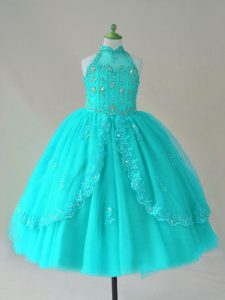 Cute Aqua Blue Lace Up Pageant Dresses Beading and Appliques Sleeveless Floor Length