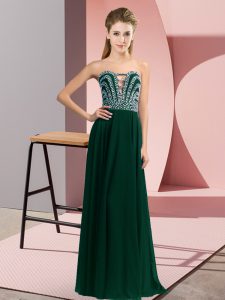 Peacock Green Chiffon Lace Up Sweetheart Sleeveless Floor Length Evening Dress Beading