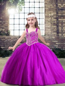 Sleeveless Floor Length Beading Lace Up Pageant Dress for Teens with Fuchsia