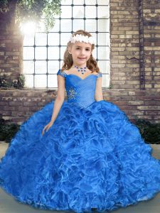Royal Blue Ball Gowns Fabric With Rolling Flowers Straps Sleeveless Beading and Ruching Floor Length Lace Up Little Girls Pageant Gowns