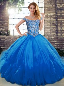 Blue Lace Up Quince Ball Gowns Beading and Ruffles Sleeveless Floor Length