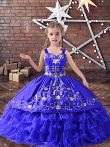 Sleeveless Satin and Organza Floor Length Lace Up Pageant Dress for Womens in Blue with Embroidery and Ruffled Layers