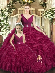 Suitable Burgundy Organza Backless 15 Quinceanera Dress Sleeveless Floor Length Beading and Ruffles