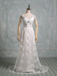 New Style V-neck Cap Sleeves Lace Wedding Gowns Beading and Lace Brush Train Side Zipper