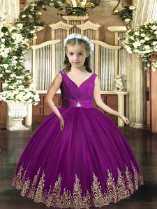 On Sale Sleeveless Floor Length Embroidery Backless Little Girl Pageant Gowns with Eggplant Purple