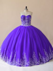 Purple Ball Gowns Embroidery Quinceanera Gown Lace Up Tulle Sleeveless Floor Length